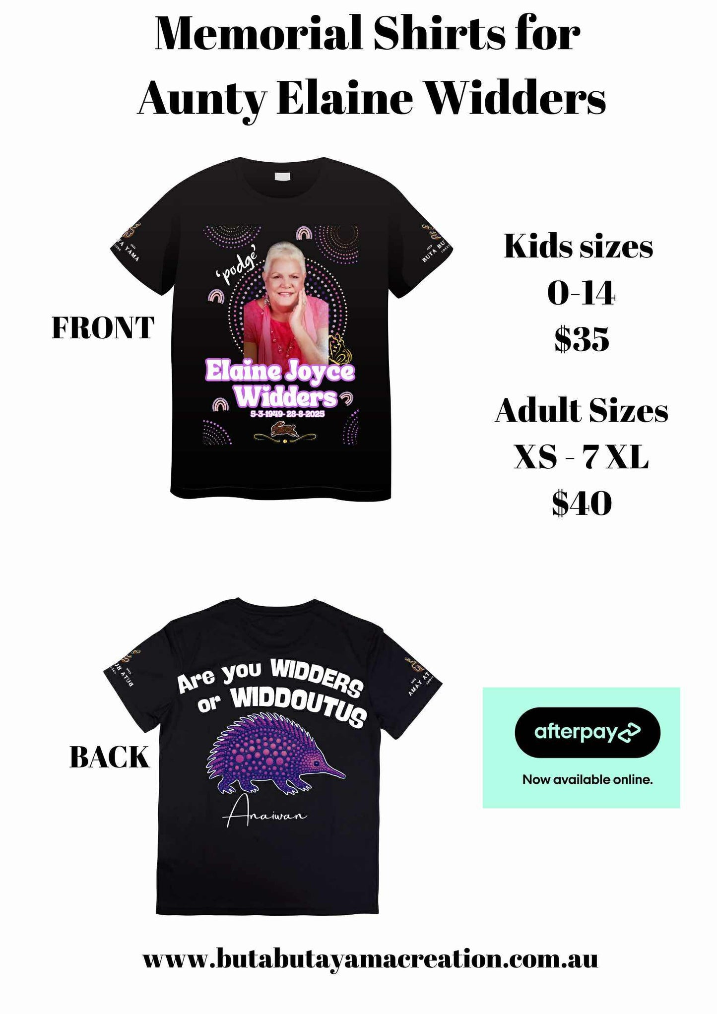 MEMORIAL SHIRTS FOR AUNTY ELAINE WIDDERS